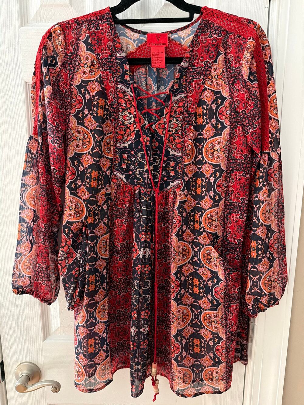 V Cristina Boho Paisley Lace-up Tunic Dress Size S Red/navy/orange